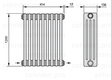 Схема (чертеж) Радиатор Zehnder Charleston 4120/9 №2670 Белый глянцевый RAL 9016